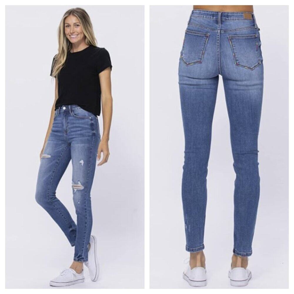 Judy Blue Multicolor Embroidery Pocket High Waist Skinny Jean Size 11/30